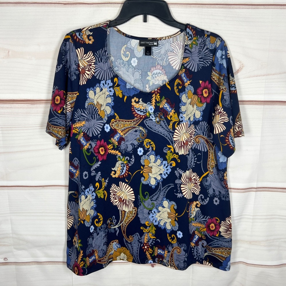 Antthony Original Top Womens Large Blue Floral Paisley Short Sleeve V-Neck Artsy
